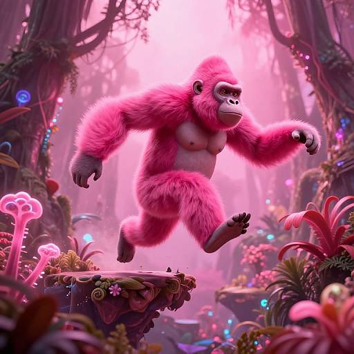 CGI image of a pink-furred, muscular gorilla leaping through a vibrant, neon-lit forest with glowing mushrooms and colorful plants.
