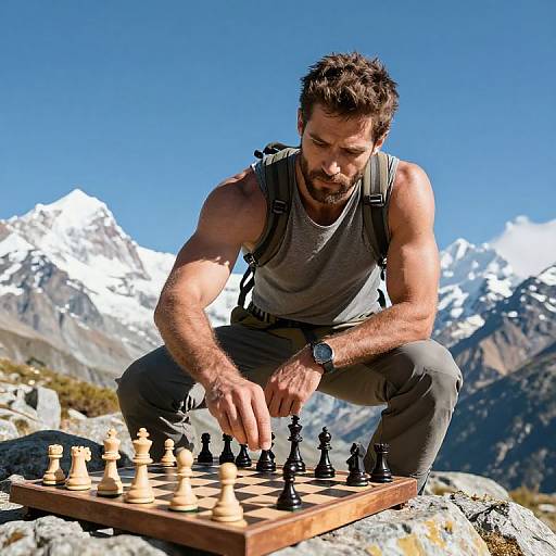 Muscular Hiker Playing Chess on K2