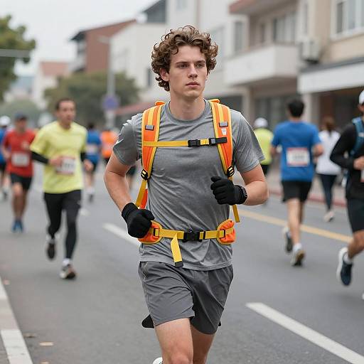 Young Man Running Marathon in City Street
