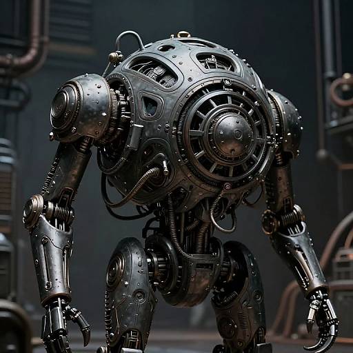 Photograph of a metallic, steampunk-style robot with intricate gears and cylindrical components, crouching in a dimly lit industrial setting.