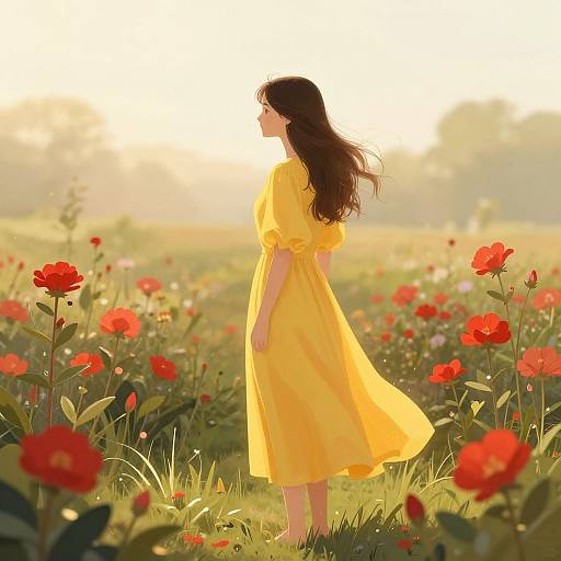 Photograph of a woman in a flowing yellow dress standing in a sunlit field of red poppies, with her back to the camera.