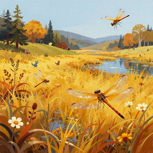 Digital painting of a vibrant autumn meadow with golden grass, white flowers, a pond, two flying dragonflies, and colorful trees.