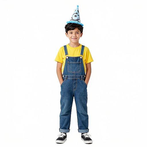 Photograph of a young boy with short black hair, wearing a yellow shirt, blue denim overalls, and black sneakers, standing against a white background