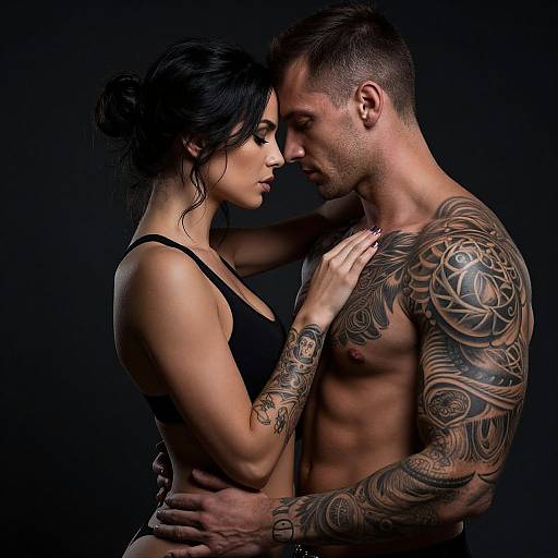 Photograph of a tattooed, muscular, shirtless man and a woman in a black tank top, intimately facing each other against a dark background.