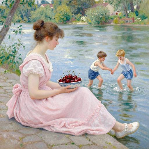 Impressionistic Riverside with Woman and Children