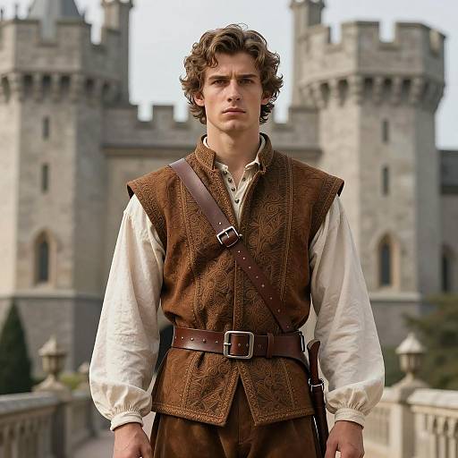 Young Man in Medieval Outfit by Gothic Castle
