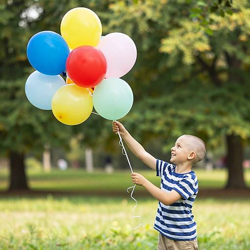 Photograph of a young boy with light skin and short brown hair, wearing a blue and white striped shirt, joyfully holding a cluster of colorful balloons