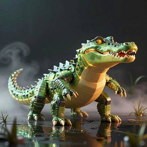 CGI image of a glowing, robotic alligator with sharp claws, yellow-orange belly, and neon-green scales standing in misty water.