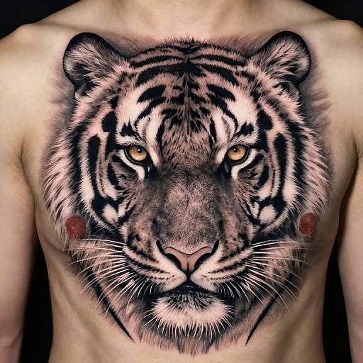 Photograph of a shirtless male with a realistic black and white tiger tattoo covering his chest and shoulders, featuring intense yellow eyes.