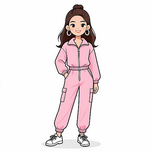 Digital drawing of a smiling woman with dark hair in a bun, wearing a pink zip-up jumpsuit, white sneakers, and large hoop earrings, standing