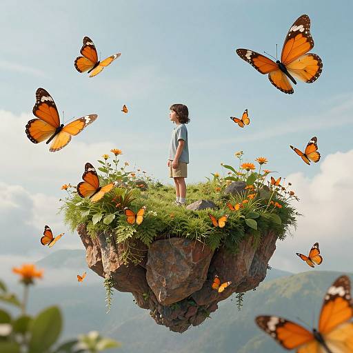 Digital artwork of a young boy with curly hair standing on a floating rock island, surrounded by vibrant orange butterflies and orange flowers, against a clear blue sky