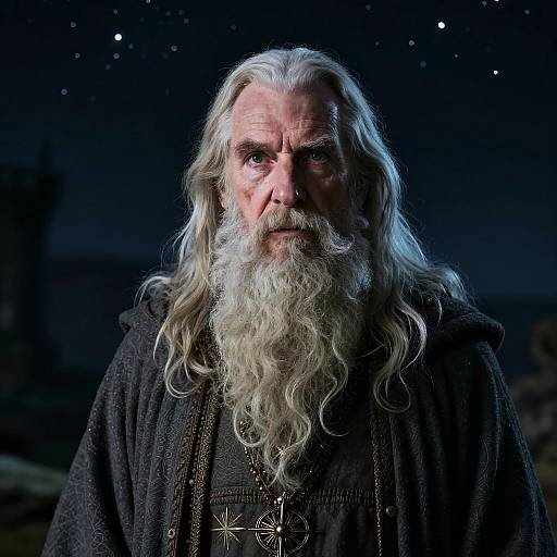 Photograph of an elderly man with long white beard, wearing a dark robe, set against a starry night sky, intense gaze, intricate pendant visible