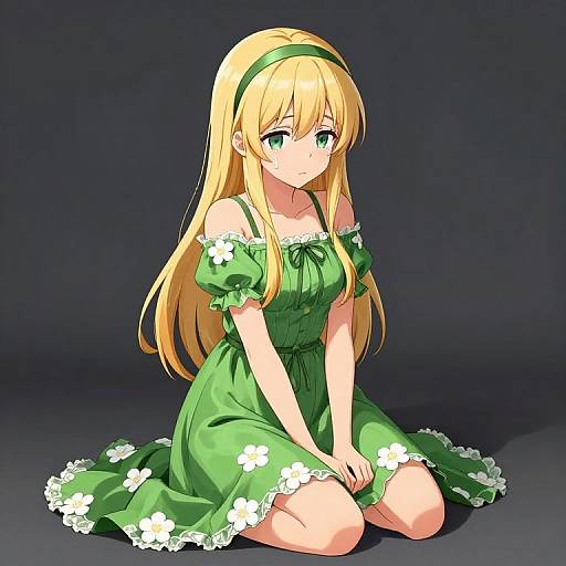 Anime-style digital drawing of a blonde girl with green eyes, wearing a green dress with white floral trim, kneeling on dark background. She has a green