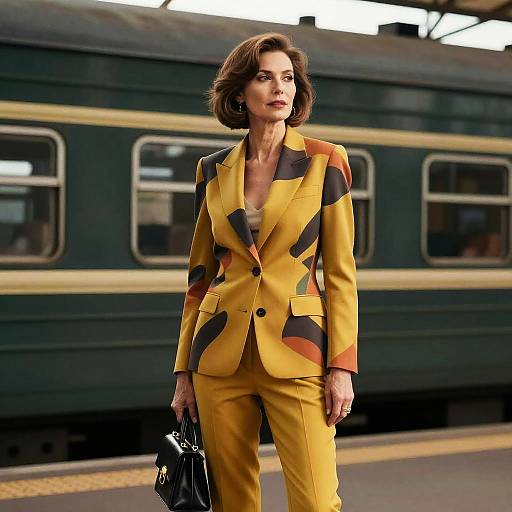 Middle-aged Woman in Bold Blazer at Vintage Train Station