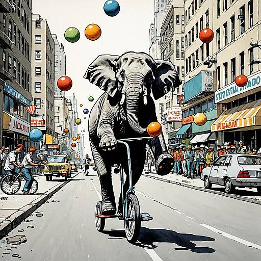 Elephant Riding Unicycle Juggling Balls on City Street