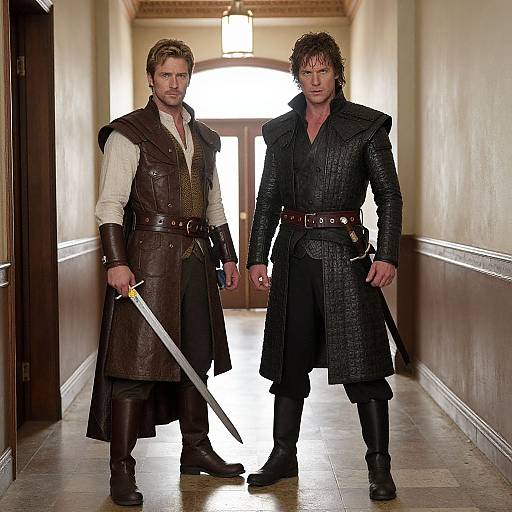 Photograph of two rugged men in medieval attire, standing in a dimly lit hallway. One holds a sword, both wear leather vests and belts,