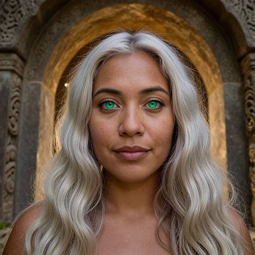 Photograph of a woman with long, wavy, silver hair and striking green eyes, standing in front of an ornate, stone archway.