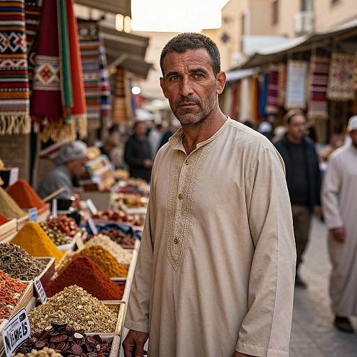 Photograph of a middle-aged Middle Eastern man with short dark hair and gray beard, wearing a white embroidered traditional shirt, standing in a bustling outdoor market