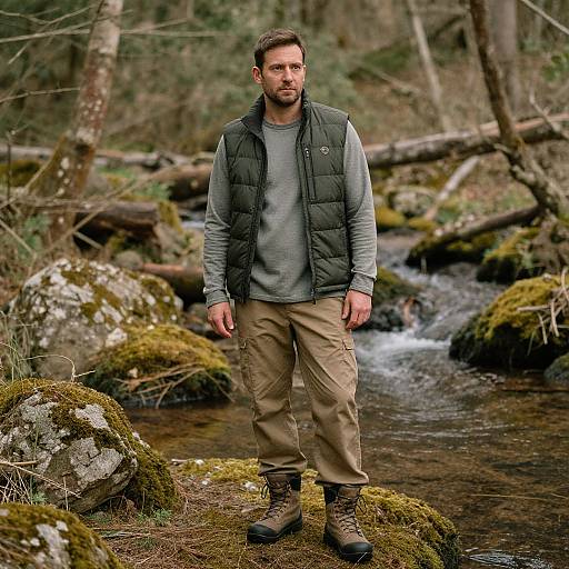 Photograph of a bearded man with short brown hair, wearing a dark green vest, gray shirt, beige pants, and brown boots, standing by