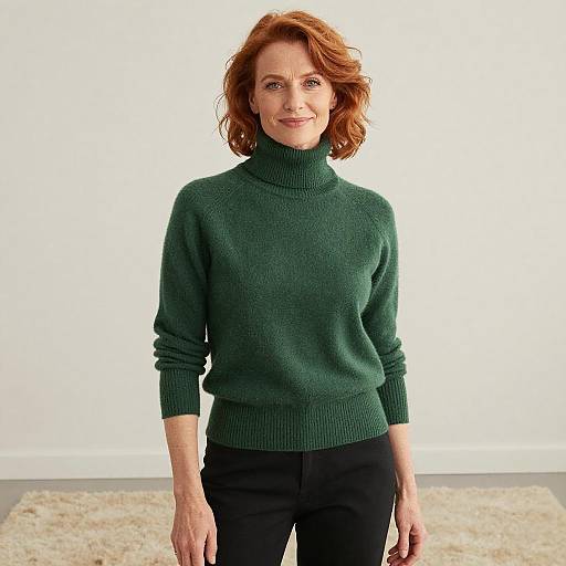Photograph of a smiling middle-aged woman with red hair wearing a green turtleneck sweater and black pants, standing against a white background with a beige
