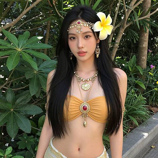 Photograph of an Asian woman with long black hair, wearing an orange bandeau top, gold jewelry, and a yellow flower in her hair, standing