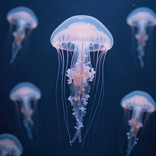 Photograph of glowing, translucent jellyfish with delicate, flowing tentacles, floating in a dark blue underwater environment, surrounded by blurred, similarly lit jelly