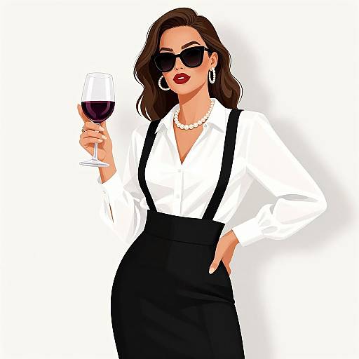 Digital illustration of a confident woman with wavy brown hair, wearing black sunglasses, white blouse, black skirt, pearl necklace, and holding a glass of