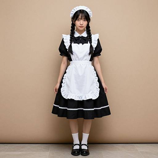 Photograph of an Asian woman in a traditional black and white French maid outfit with braided hair, standing against a beige wall.