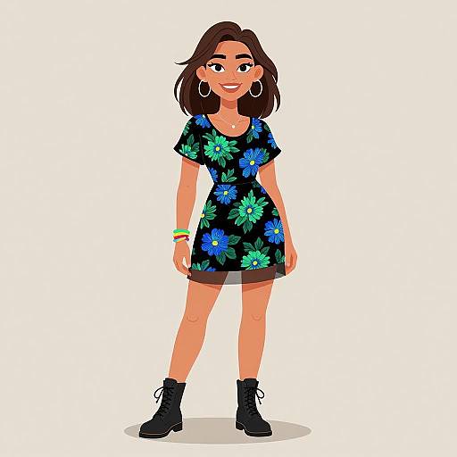 Digital illustration of a smiling, brown-haired woman in a black floral dress, black ankle boots, and hoop earrings, standing on a white background.