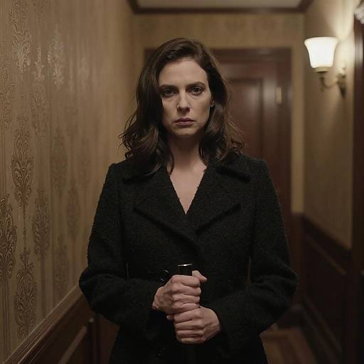 Serious Woman in Vintage Hallway