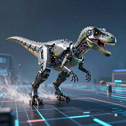 CGI image of a robotic, metallic T-Rex with glowing circuits, roaring, splashing on a neon-lit, futuristic grid floor.