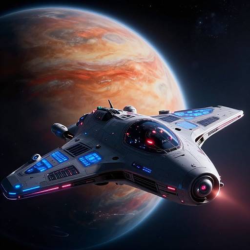 Digital CGI of a futuristic, glowing gray spaceship with blue and pink lights flying against a vibrant, orange and red planet in space.