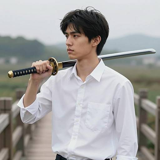 Focused Young Samurai on a Bridge