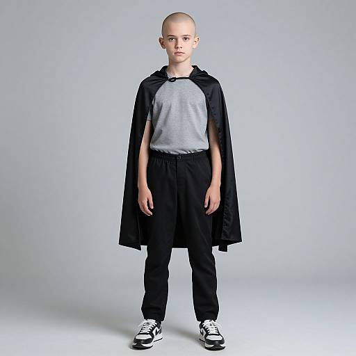 Photograph of a bald, young boy standing against a plain white background. He wears a black cape over a gray shirt, black pants, and white