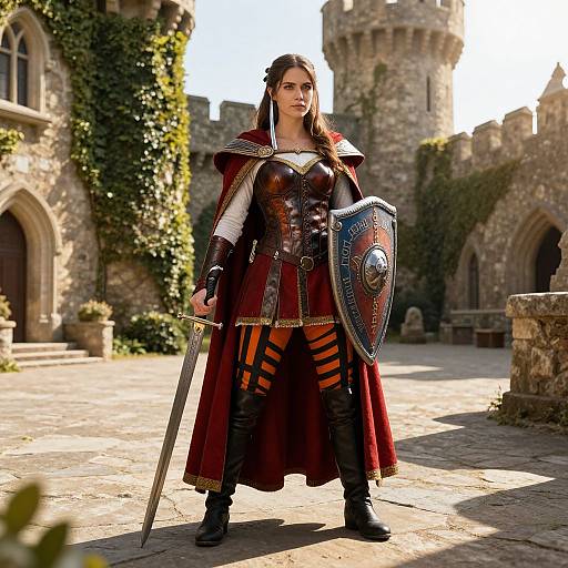 Photograph of a fierce female warrior in medieval armor with red cape, holding sword and shield, standing in sunlit castle courtyard.
