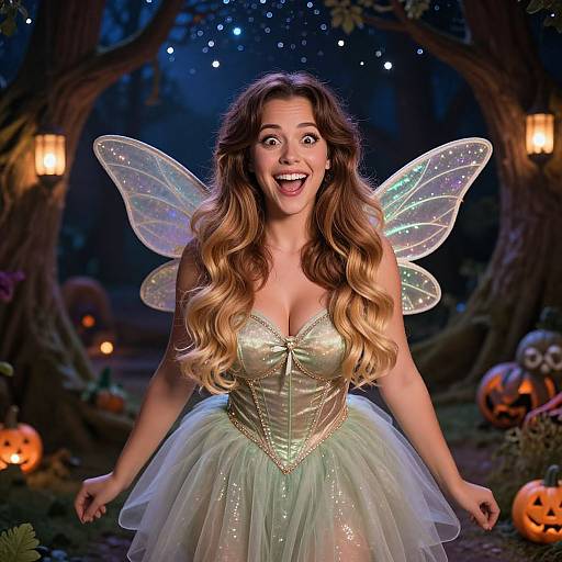 Photograph of a surprised, smiling woman with long, wavy brown hair, wearing a sparkling fairy costume, translucent wings, and a green tulle