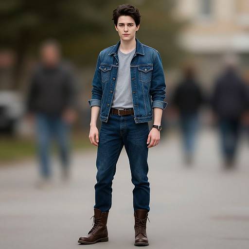 Photograph of a young man with dark hair, wearing a denim jacket, white t-shirt, dark jeans, and brown boots, standing confidently on a