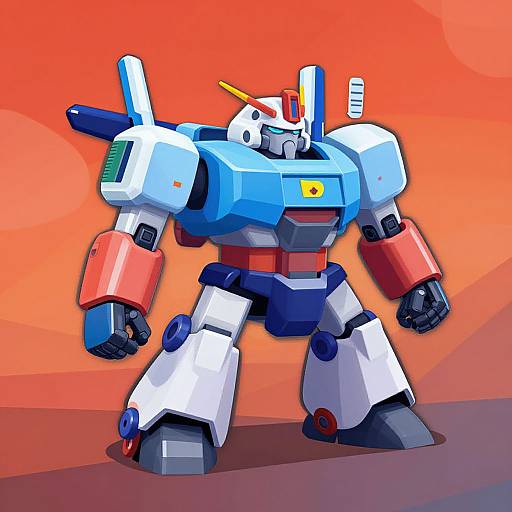 Vibrant digital illustration of a blue and white robot with red and green accents, standing against a gradient orange background. Bold colors and geometric shapes evoke