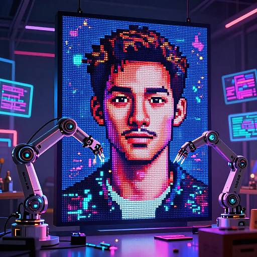 Digital art of a handsome man with short dark hair on a neon-lit screen, flanked by robotic arms in a futuristic lab.