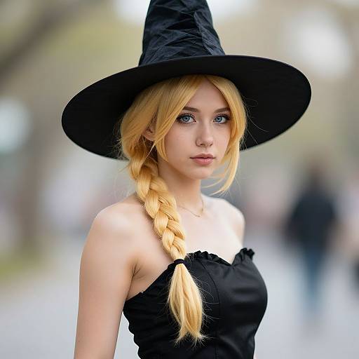 Photograph of a young blonde woman with blue eyes, wearing a black witch hat and strapless black dress, with a braided ponytail, standing