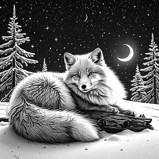 Grayscale Arctic Fox in Winter Night Scene
