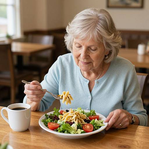 Photograph of an elderly white woman with short gray hair, wearing a light blue sweater, eating a salad with fork, sitting at a wooden table in