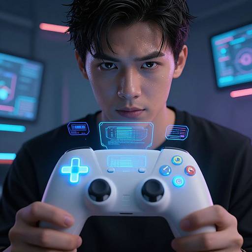 Photograph of a focused Asian man with short black hair, holding a glowing blue PlayStation controller in a dimly lit room with neon screens. Intense