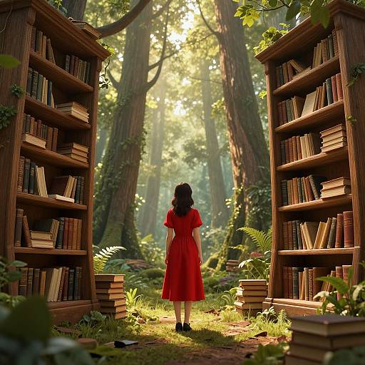 Photograph-style digital artwork: A woman in a red dress stands between two wooden bookshelves in a sunlit, enchanted forest, surrounded by books