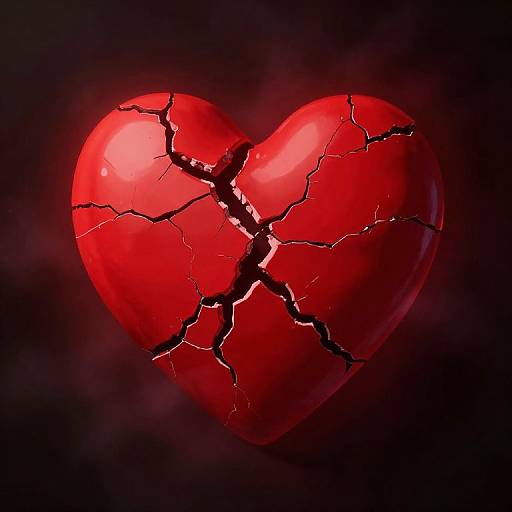 Photograph of a bright red, glossy, cracked heart against a dark, smoky background, symbolizing broken love or emotional pain.