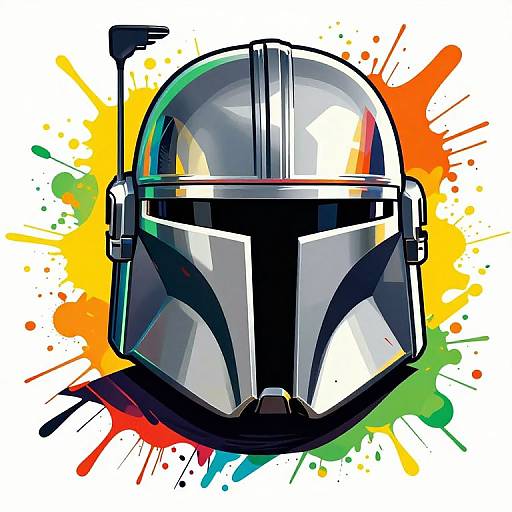 Digital illustration of a Boba Fett helmet with vibrant splashes of yellow, orange, green, and red background. Bold, colorful, and dynamic
