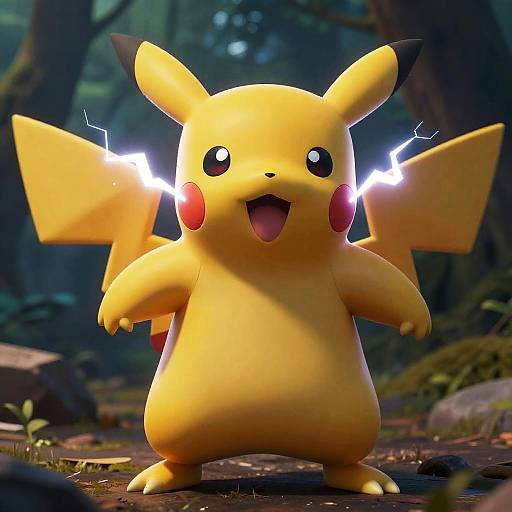Photorealistic CGI of Pikachu standing in a forest, glowing electric sparks on its cheeks, yellow fur, red circles, black-tipped ears, excited