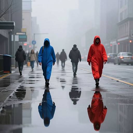 Photograph: Rainy city street with two people in blue and red raincoats walking, reflecting on wet pavement, surrounded by foggy, blurred
