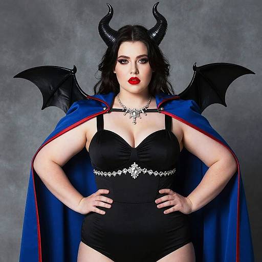 Photograph of a curvy, pale-skinned woman with black hair, red lipstick, black horns, bat wings, and a blue cape, wearing