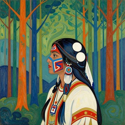 Vibrant digital painting of a Native American woman with long black hair, red and blue face paint, traditional white and red attire, in a colorful